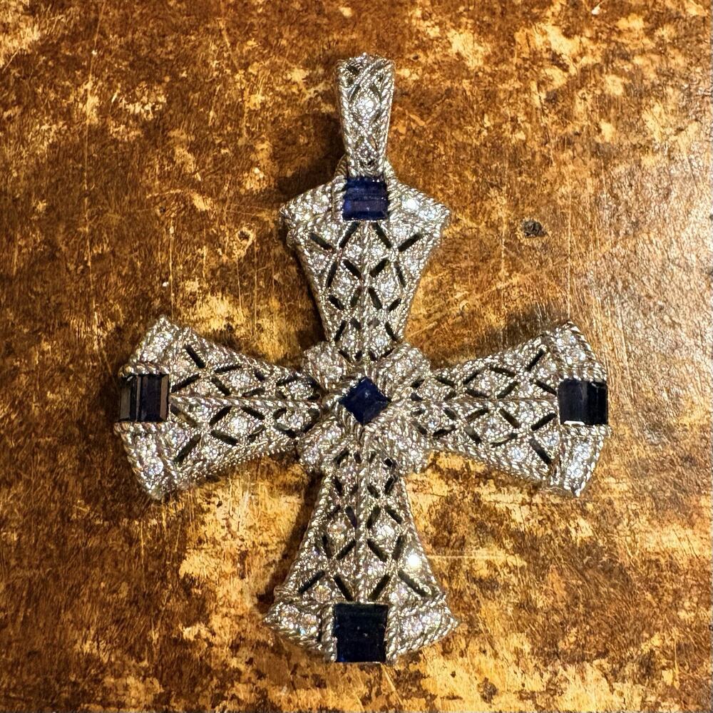 Judith Ripka Cross Enhancer/Pendant Sterling Silver, Blue Sapphire and CZ's
